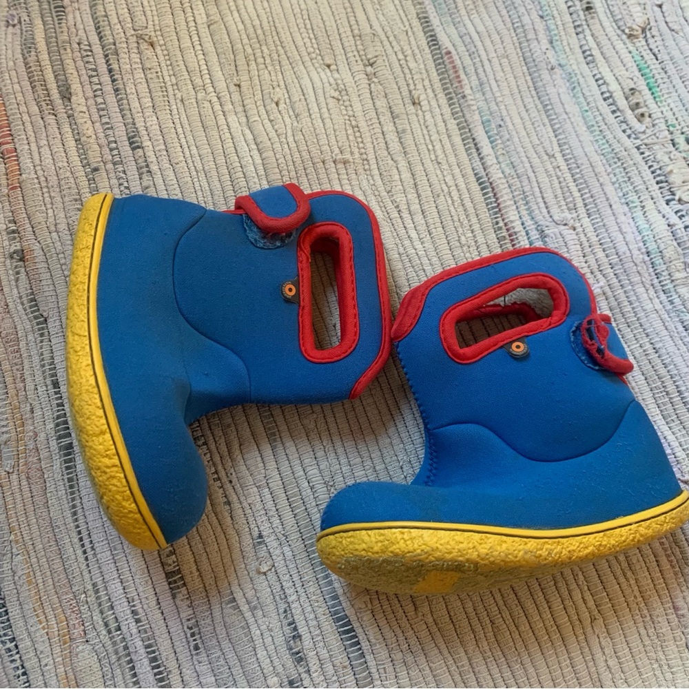 Bogs Kids Blue Boots with Red Trim and Yellow Soles